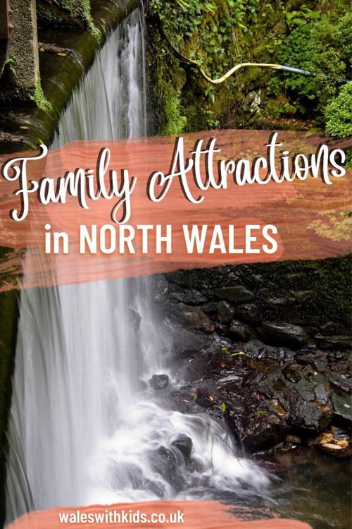 A picture of a waterfall in Bodnant Gardens with text overlay saying Family Attractions in North Wales