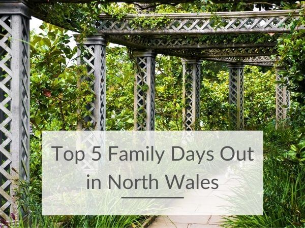 A walkway in Bodnant Gardens with text overlay saying Top 5 Family Days Out in North Wales