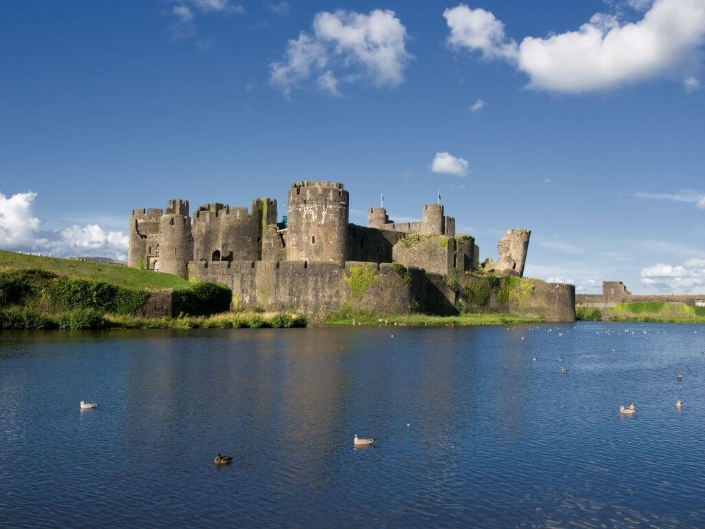 A picture of Caerphilly Castle from across the moat