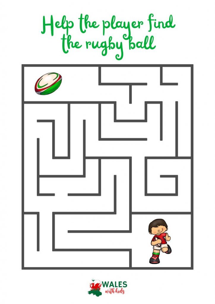 A Wales-themed maze activity where you need to help the rugby player find the ball