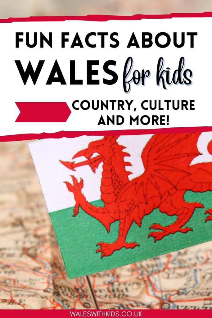 A picture of a map of Wales with the Welsh flag pinned in it at Cardiff and text overlay saying fun facts about Wales for kids - country, culture and more