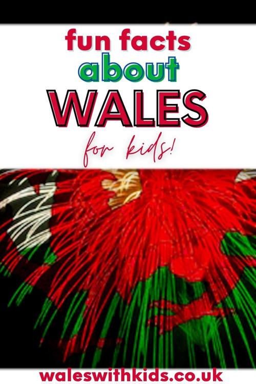 A firework picture of the Welsh flag with the red dragon and text overlay saying fun facts about Wales for kids