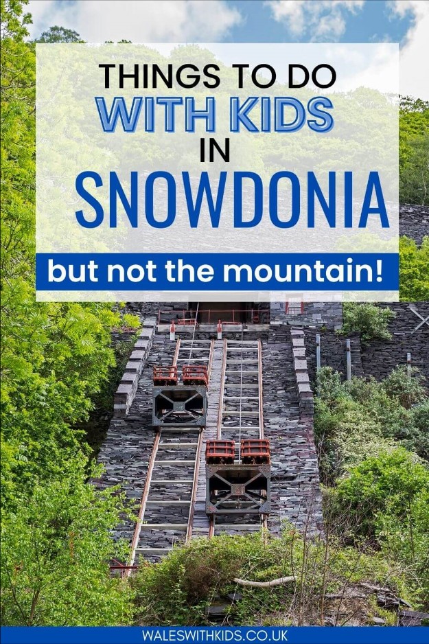 A picture of the cable cars at the Centre for Alternative Technology in Wales with text overlay saying things to do with kids in Snowdonia but not the mountain