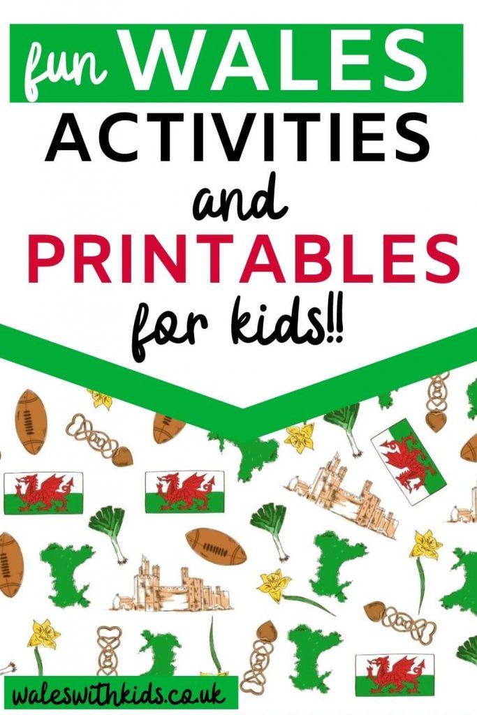 A montage of Wales drawings with text overlay saying fun Wales activities and printables for kids