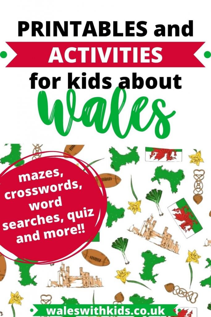 A collage of Wales-inspired images and text overlay saying printables and activities for kids about Wales