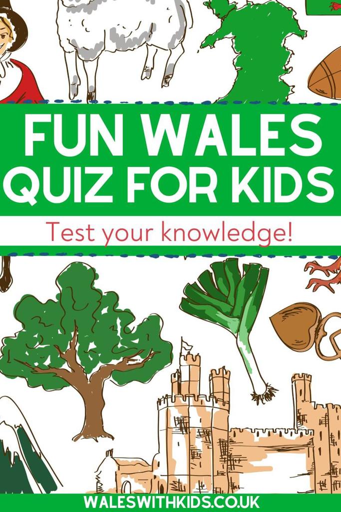 A montage of drawing images depicting things associated with Wales and text overlay in a green box saying fun wales quiz for kids - test your knowledge