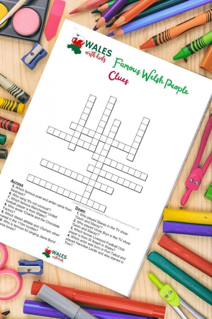 A picture of a Famous Welsh People crossword page for kids surrounded by crayons, pencils and paints
